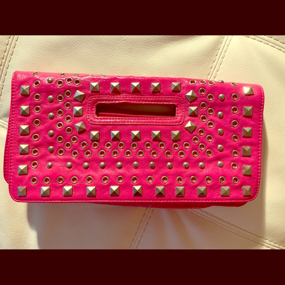 Hot Pink Silver Studded Clutch with Cut-Out Handle